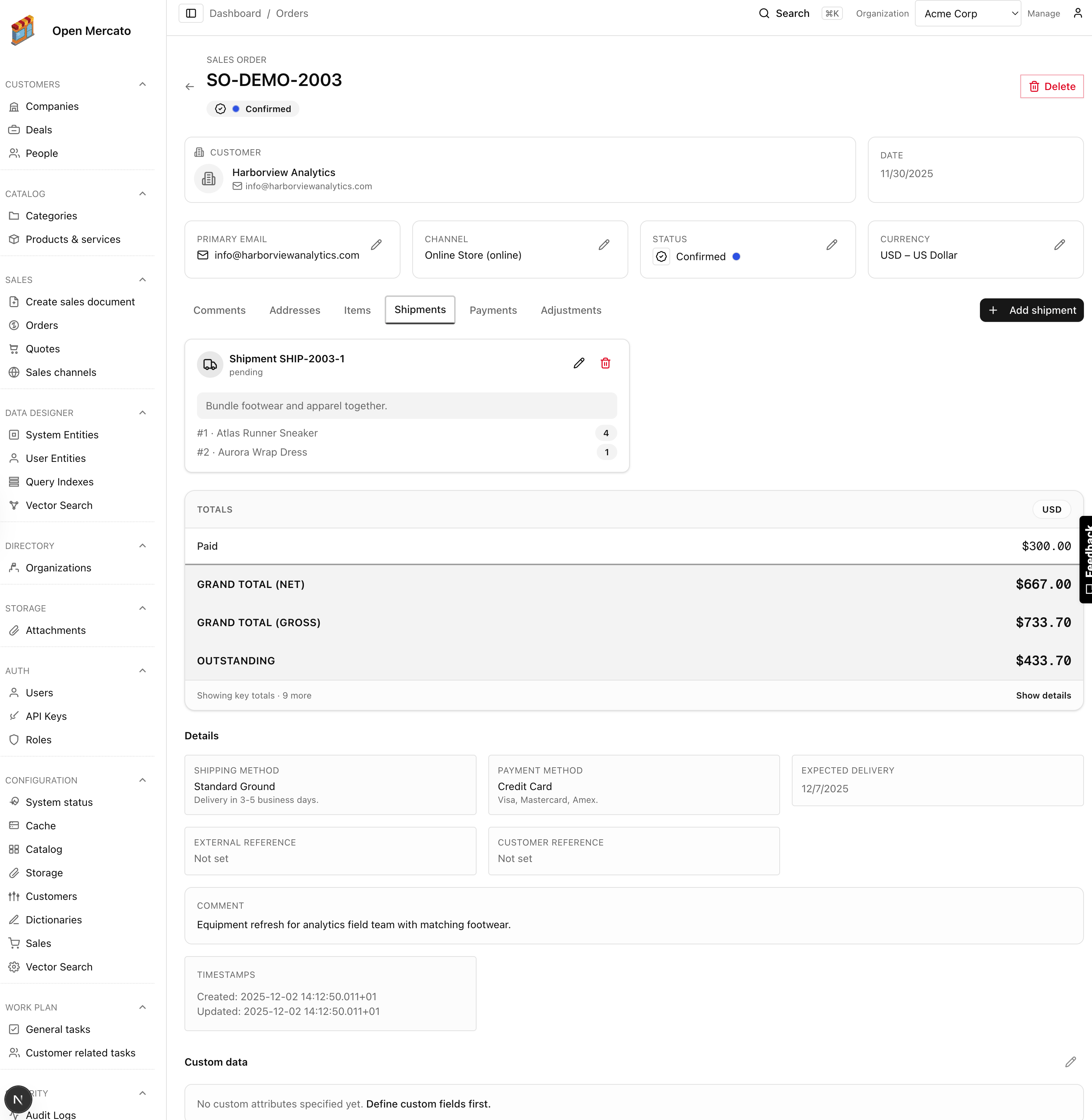 Order shipments timeline